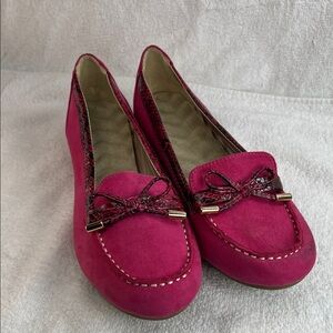 Pink moccasins with pink python trim
